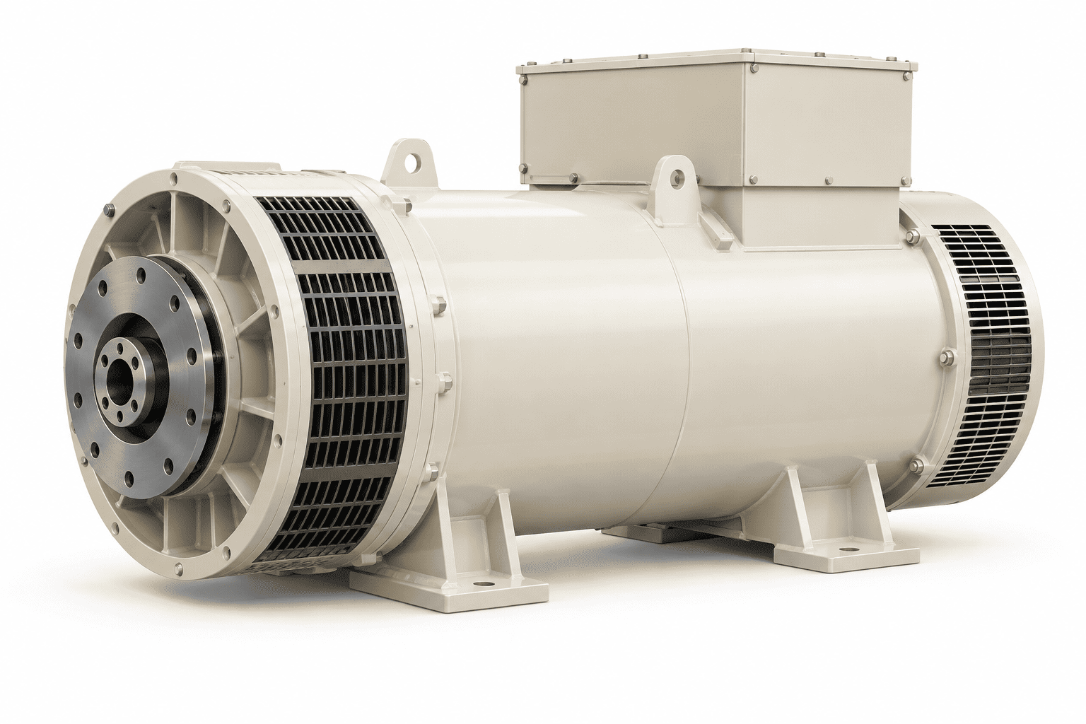Ilustrasi alternator industri dengan rumah berventilasi, bukan foto model resmi