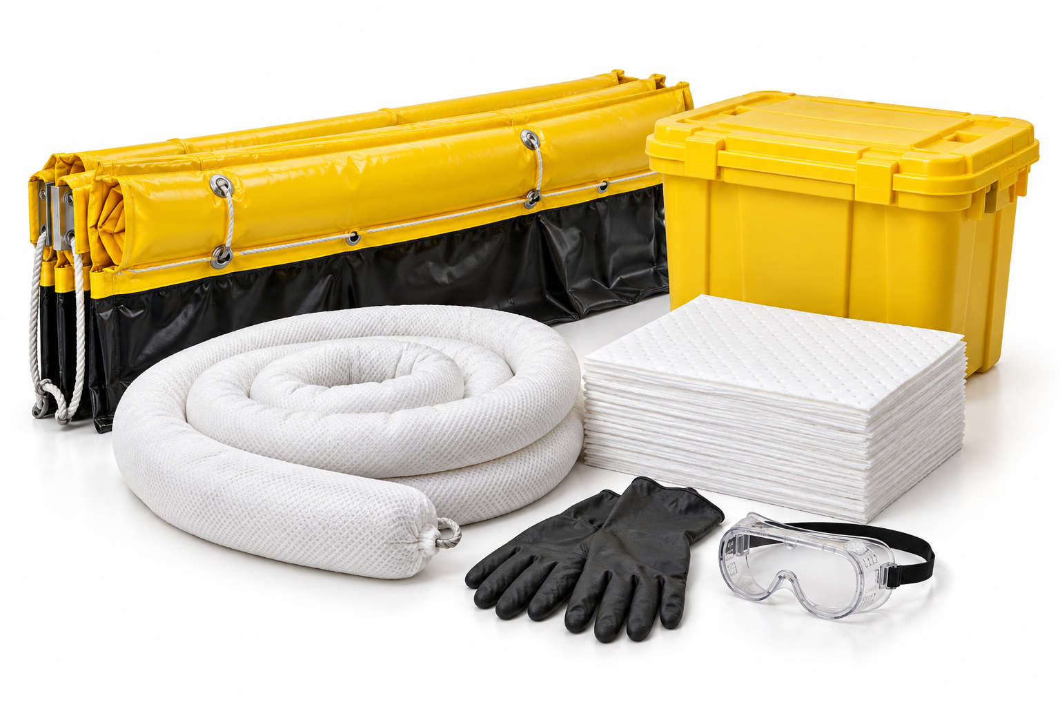 Ilustrasi AI containment boom, absorbent, dan perlengkapan spill kit
