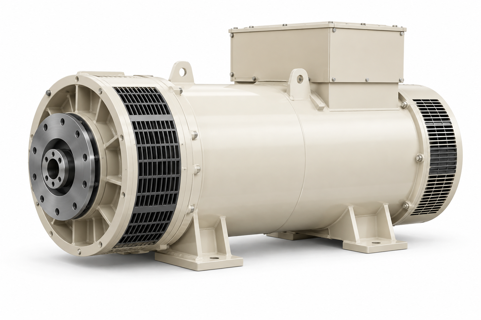 Ilustrasi alternator industri dengan rumah berventilasi, bukan foto model resmi