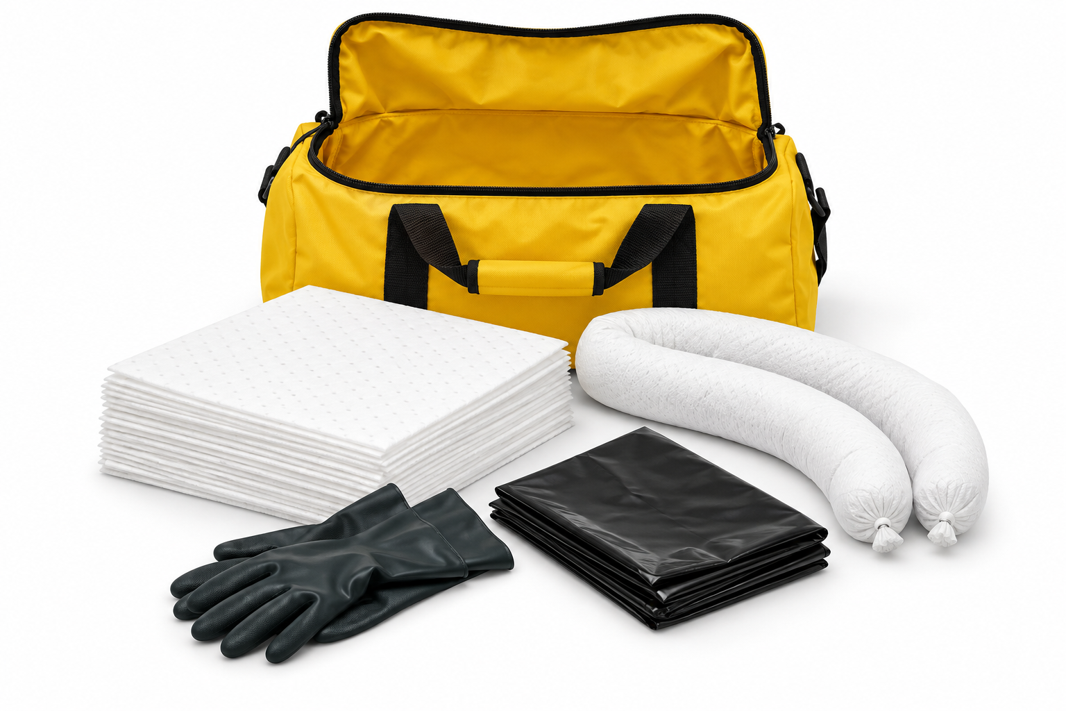 Ilustrasi spill kit portabel dalam tas, bukan foto model resmi
